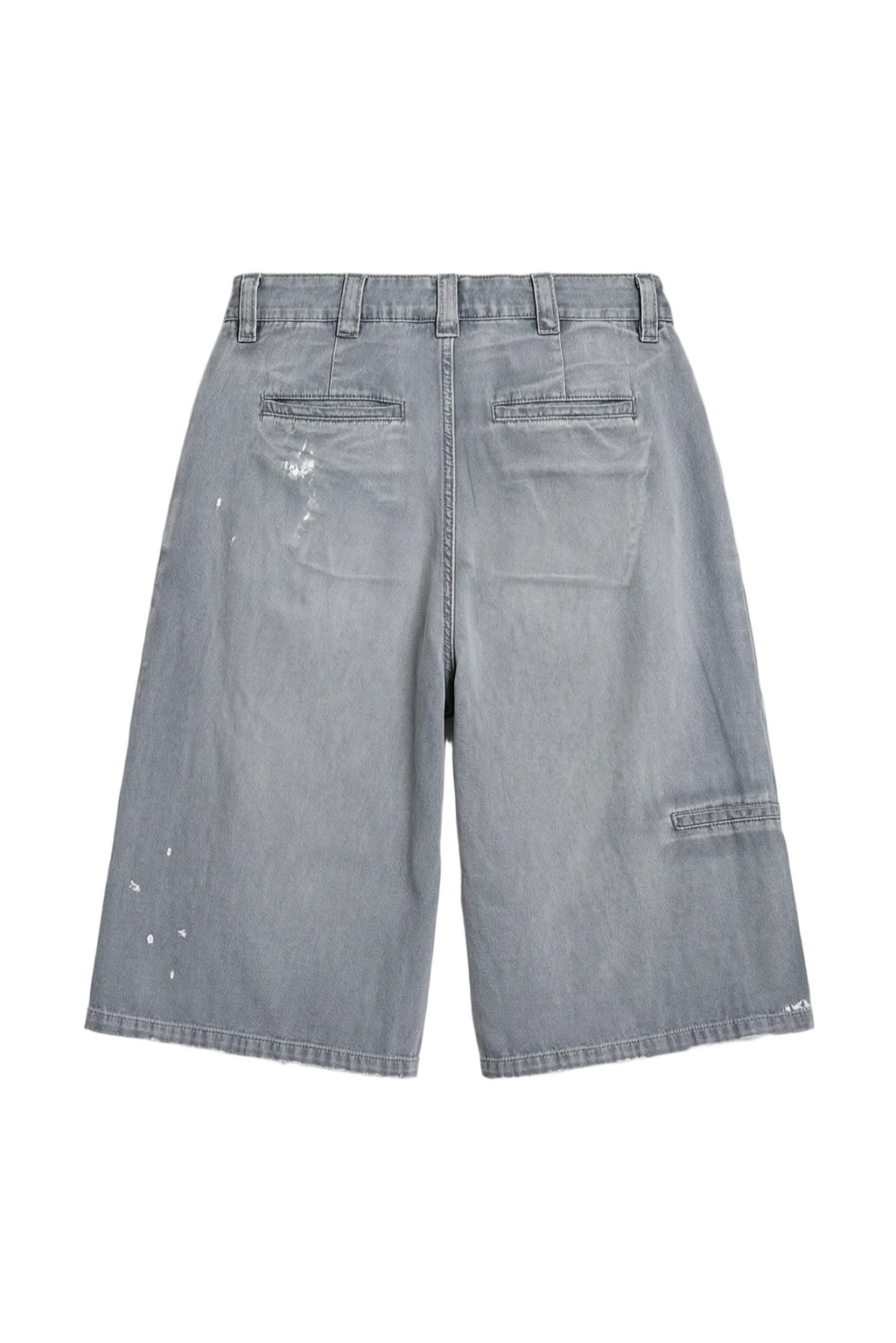 Light gray denim shorts with a distressed, paint-splattered design, shown from the back 
