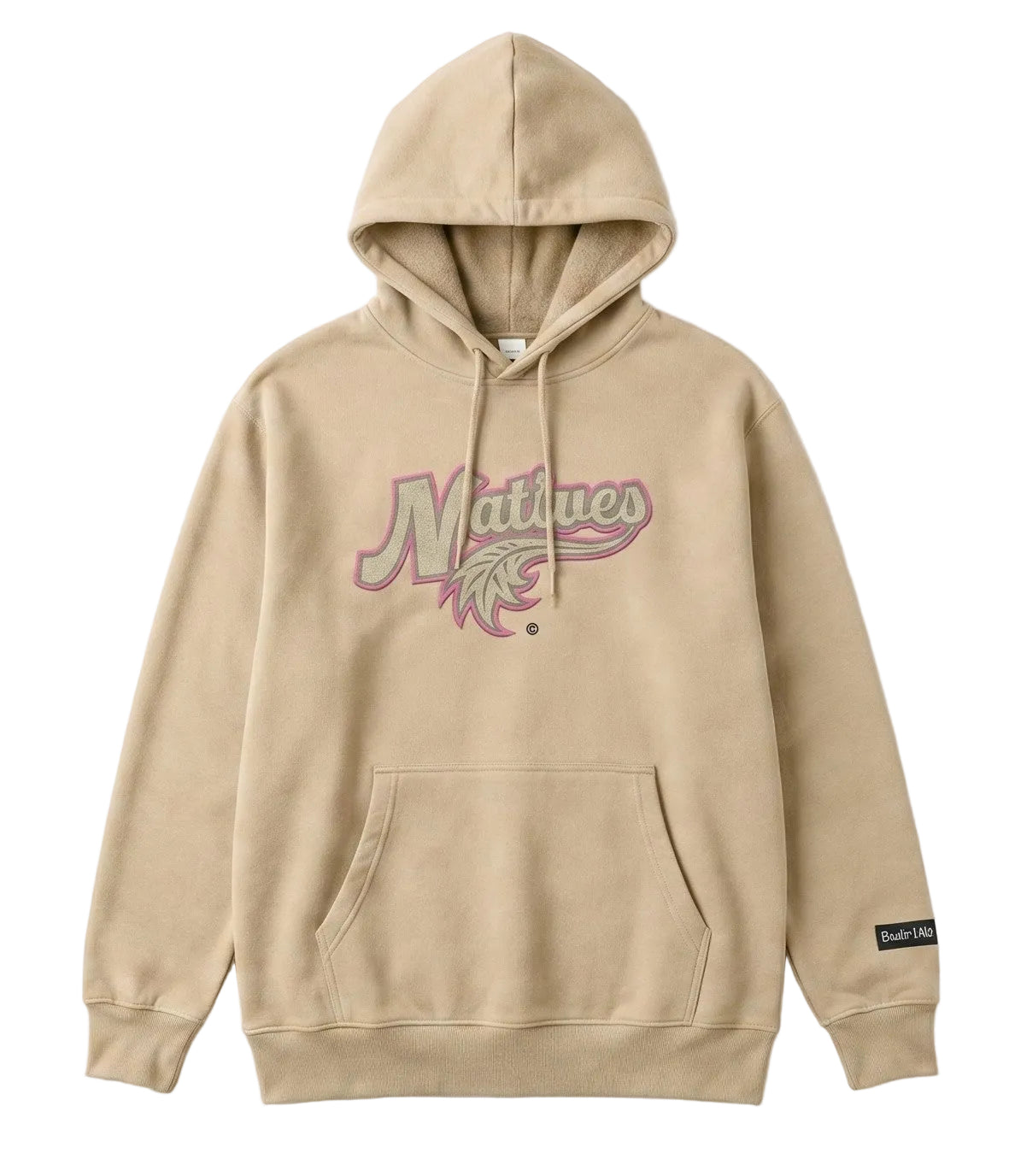 A beige pullover hoodie with a drawstring hood and kangaroo pocket, featuring a stylized 'Natives' graphic 
