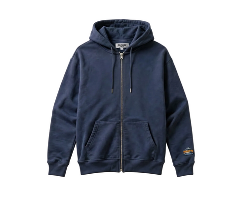 A navy blue zip-up hoodie with a drawstring hood, kangaroo pockets