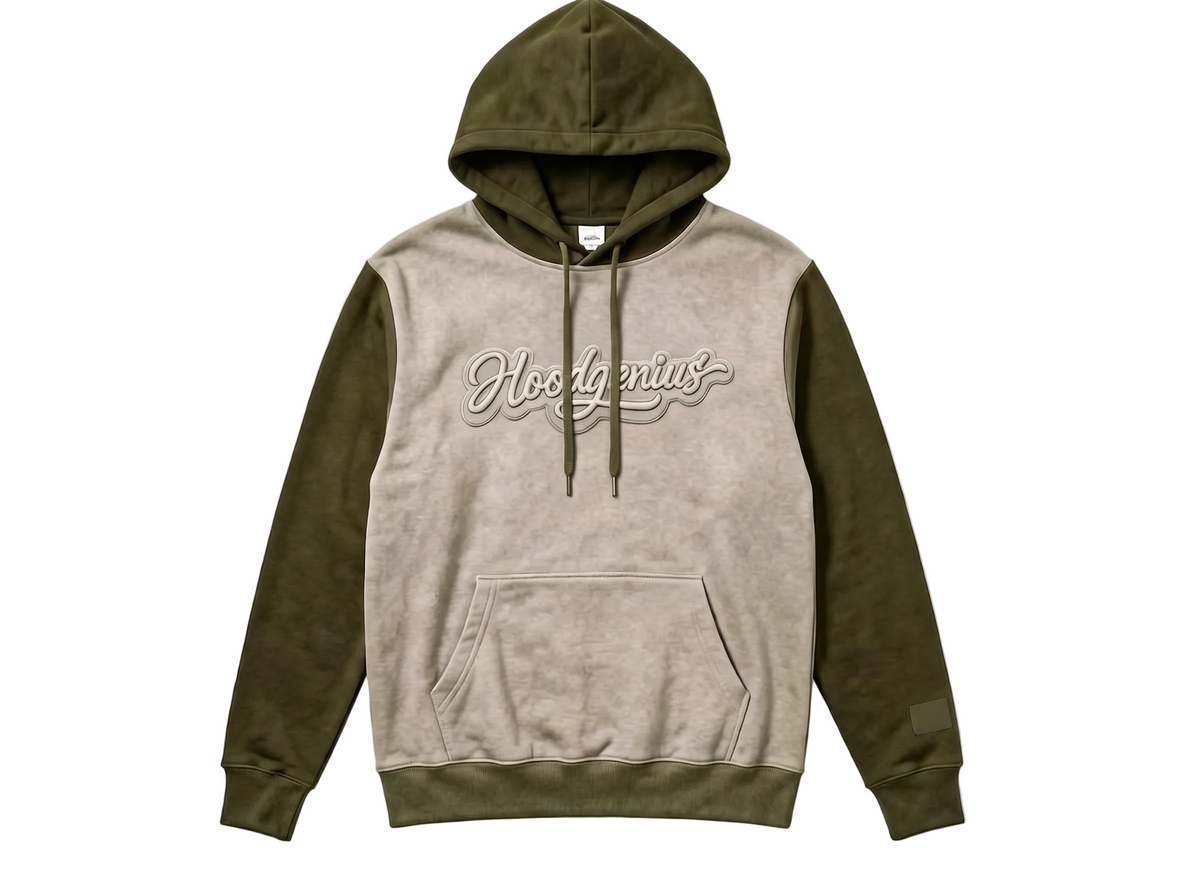 A color-blocked pullover hoodie with a light beige front body and dark olive green sleeves, hood, and hem. 