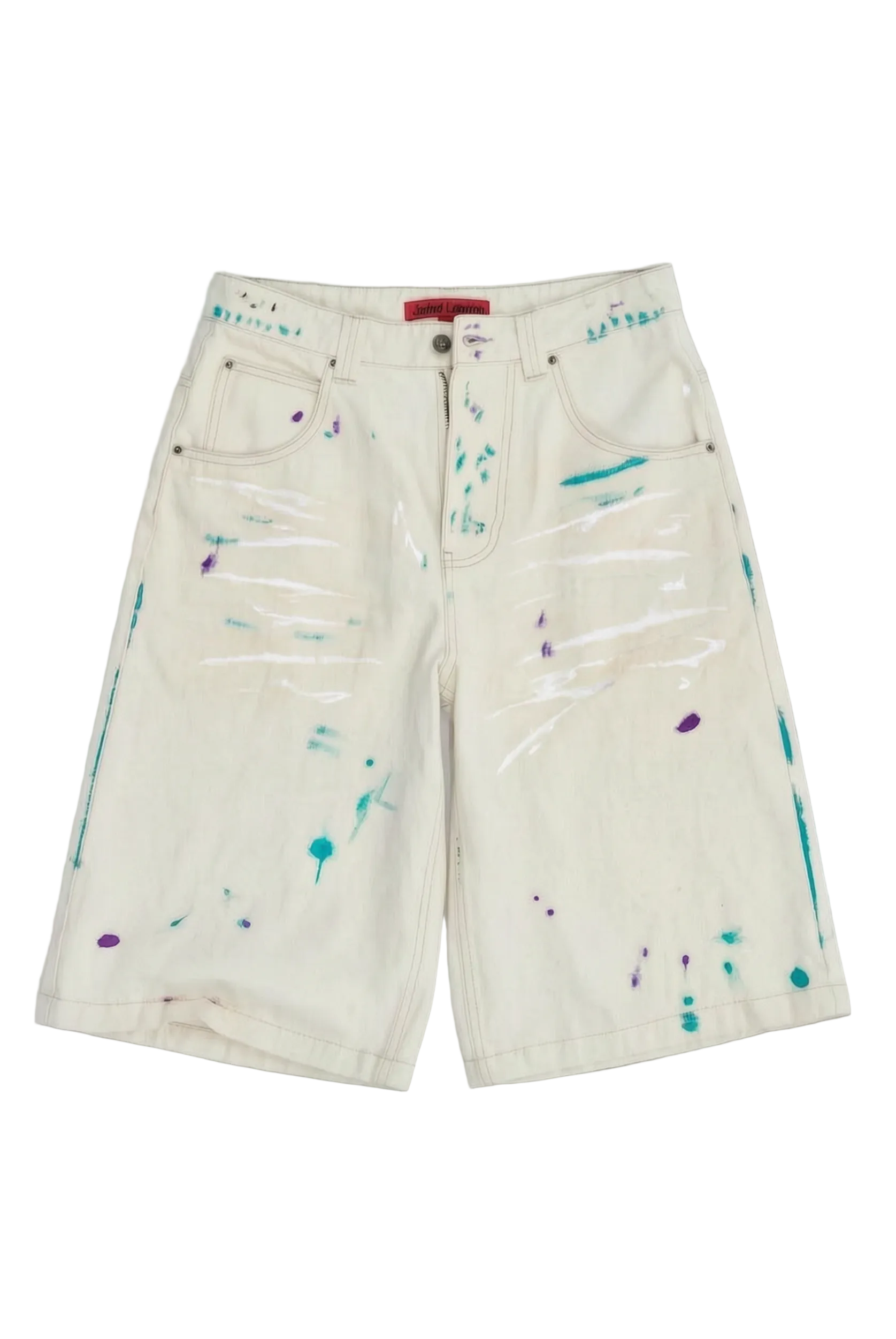denim shorts with colorful paint splatters in teal, purple, and white,