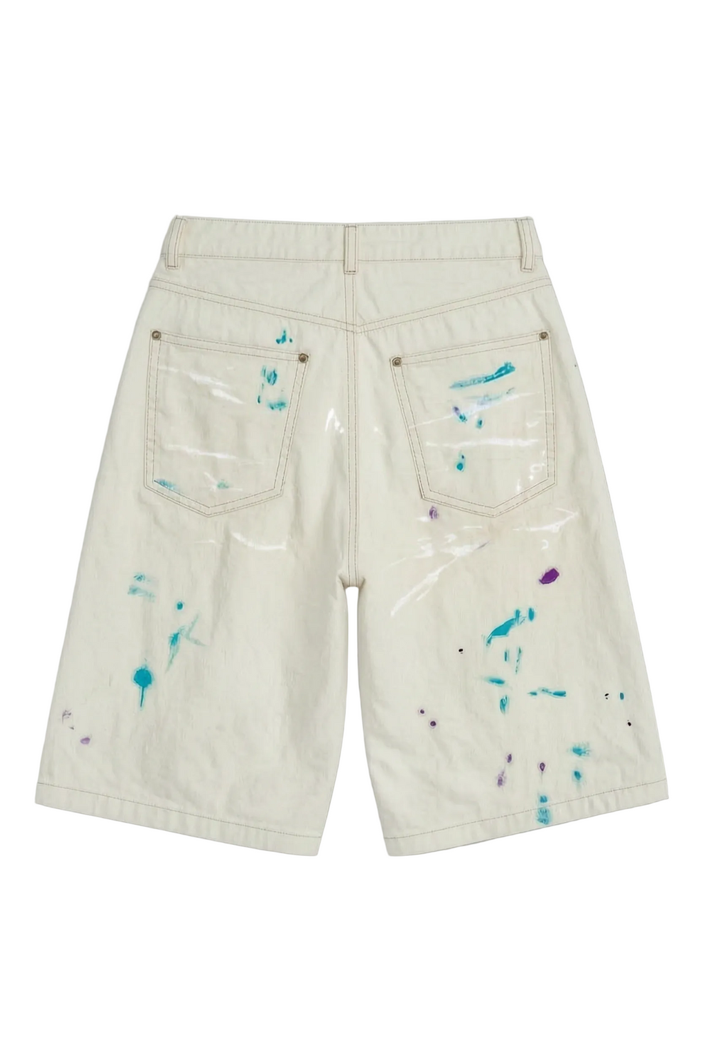 Off-white denim shorts with paint splatters