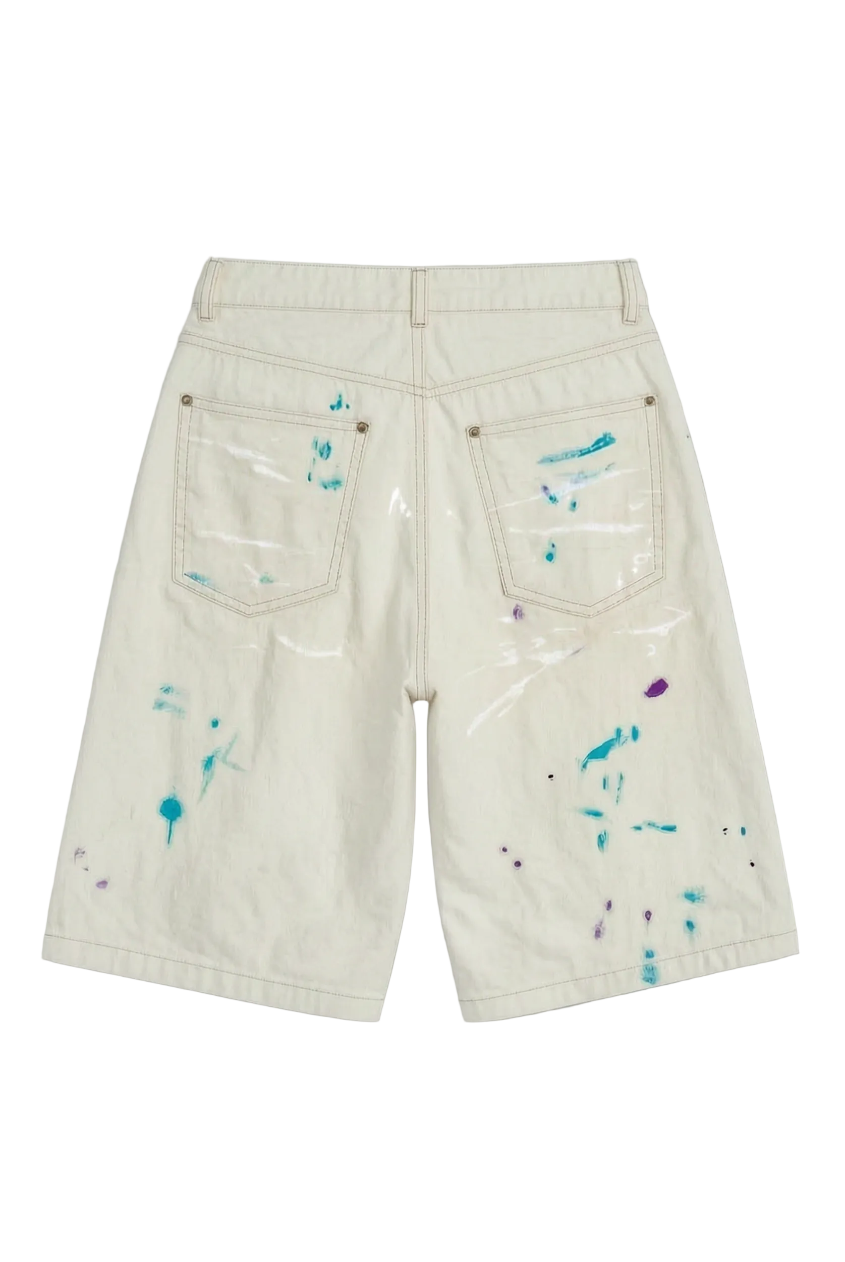 Off-white denim shorts with paint splatters