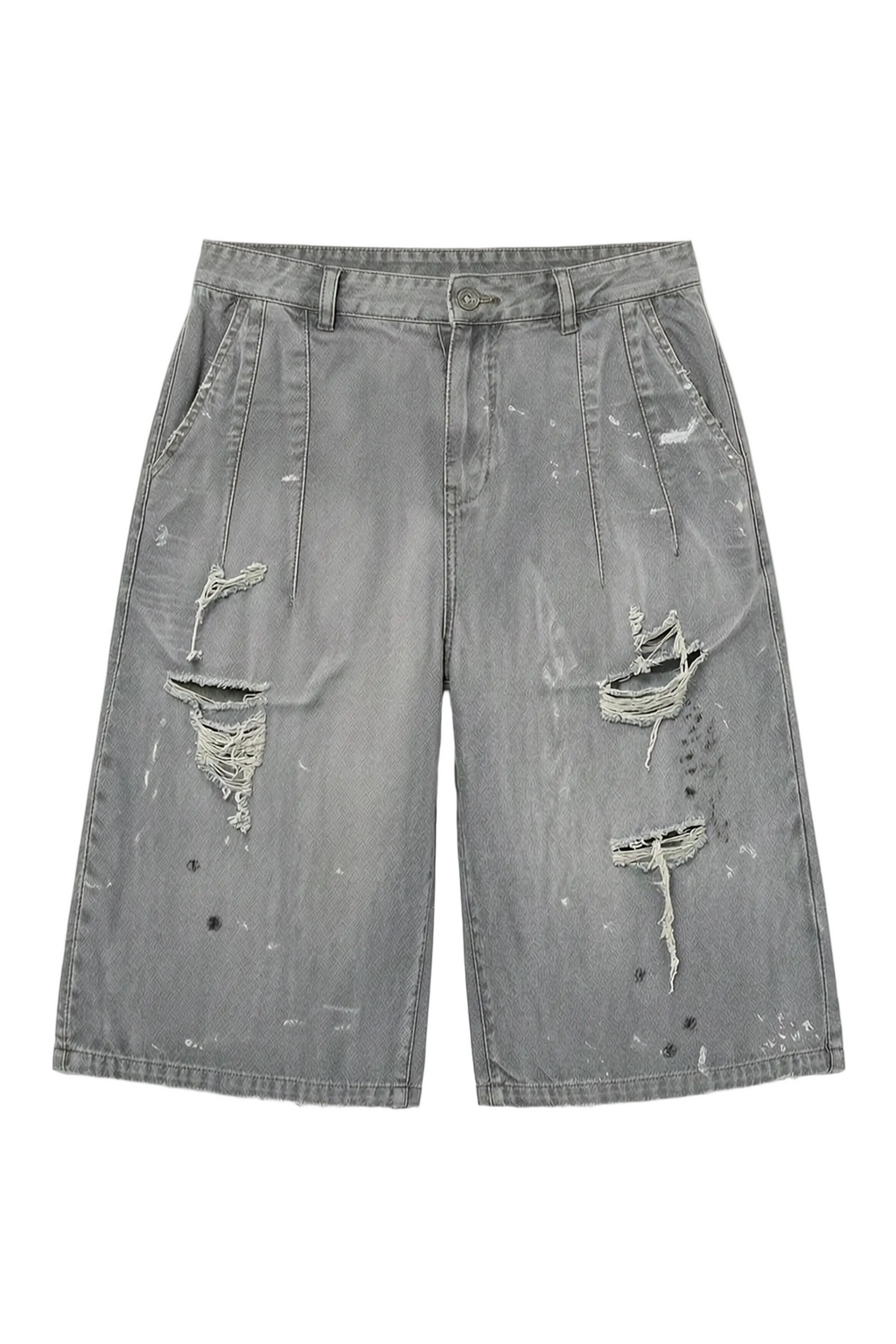 Gray distressed shorts with paint splatter details