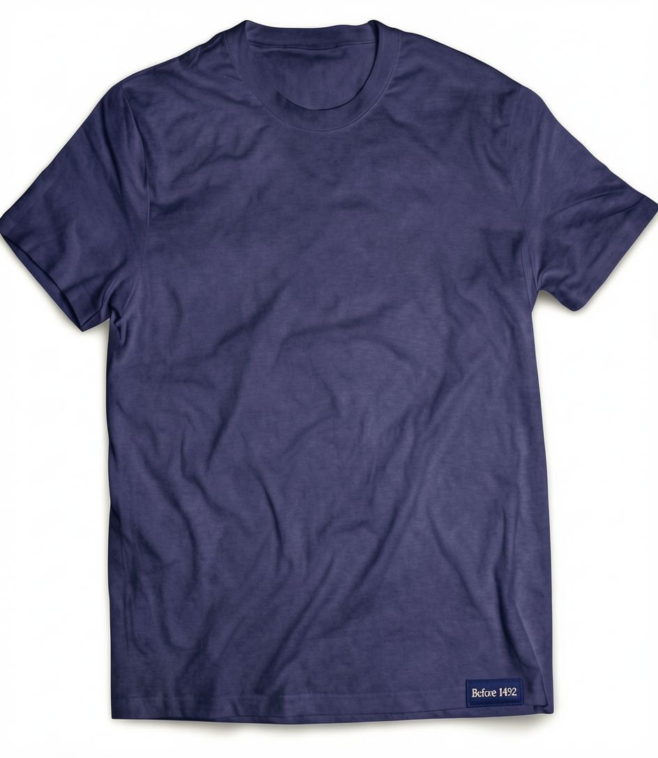 Blue t-shirt with a brand label on a white background