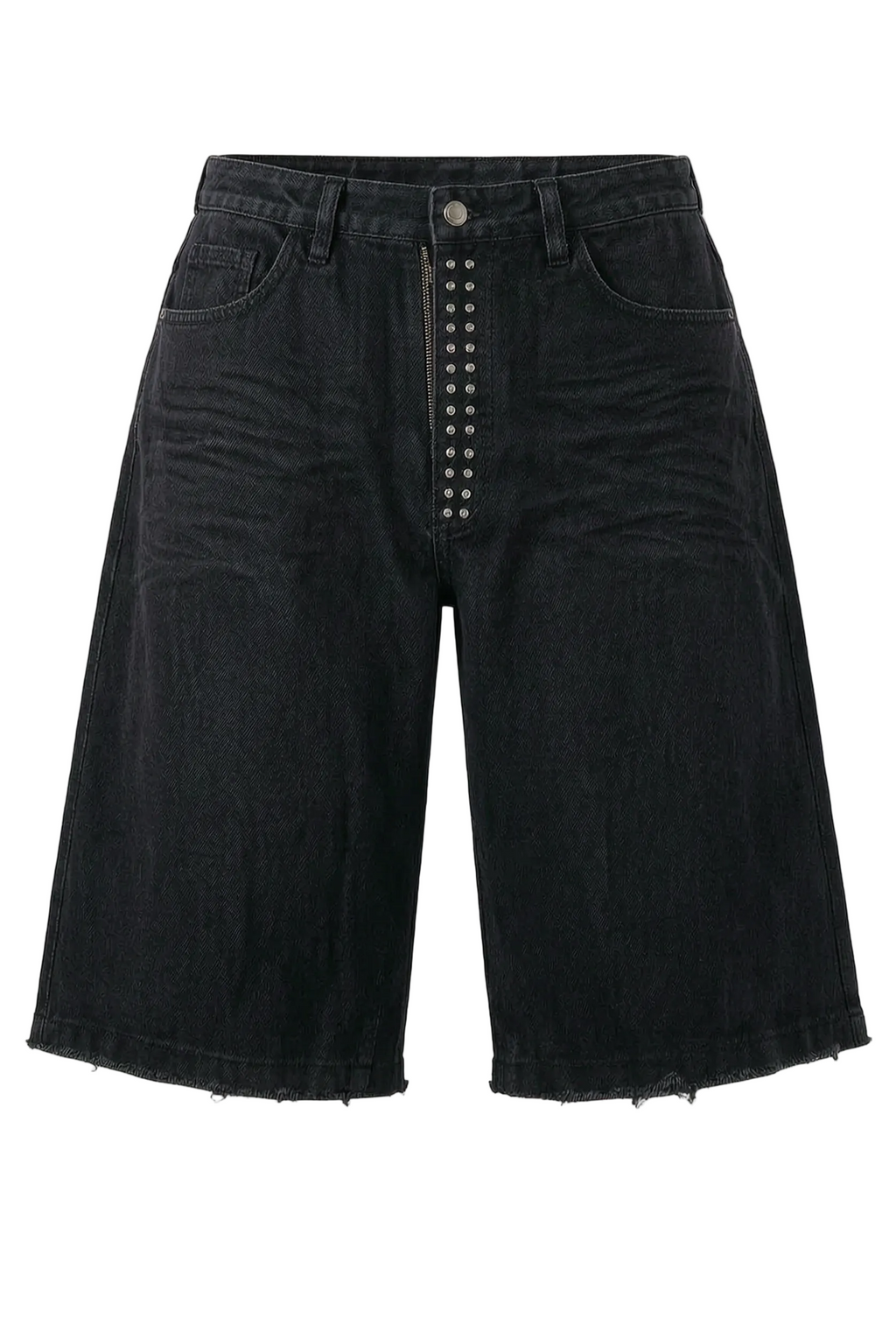 Black denim shorts with a unique front design featuring a prominent vertical row of silver studs down the center, a button closure, and a raw, frayed hem.