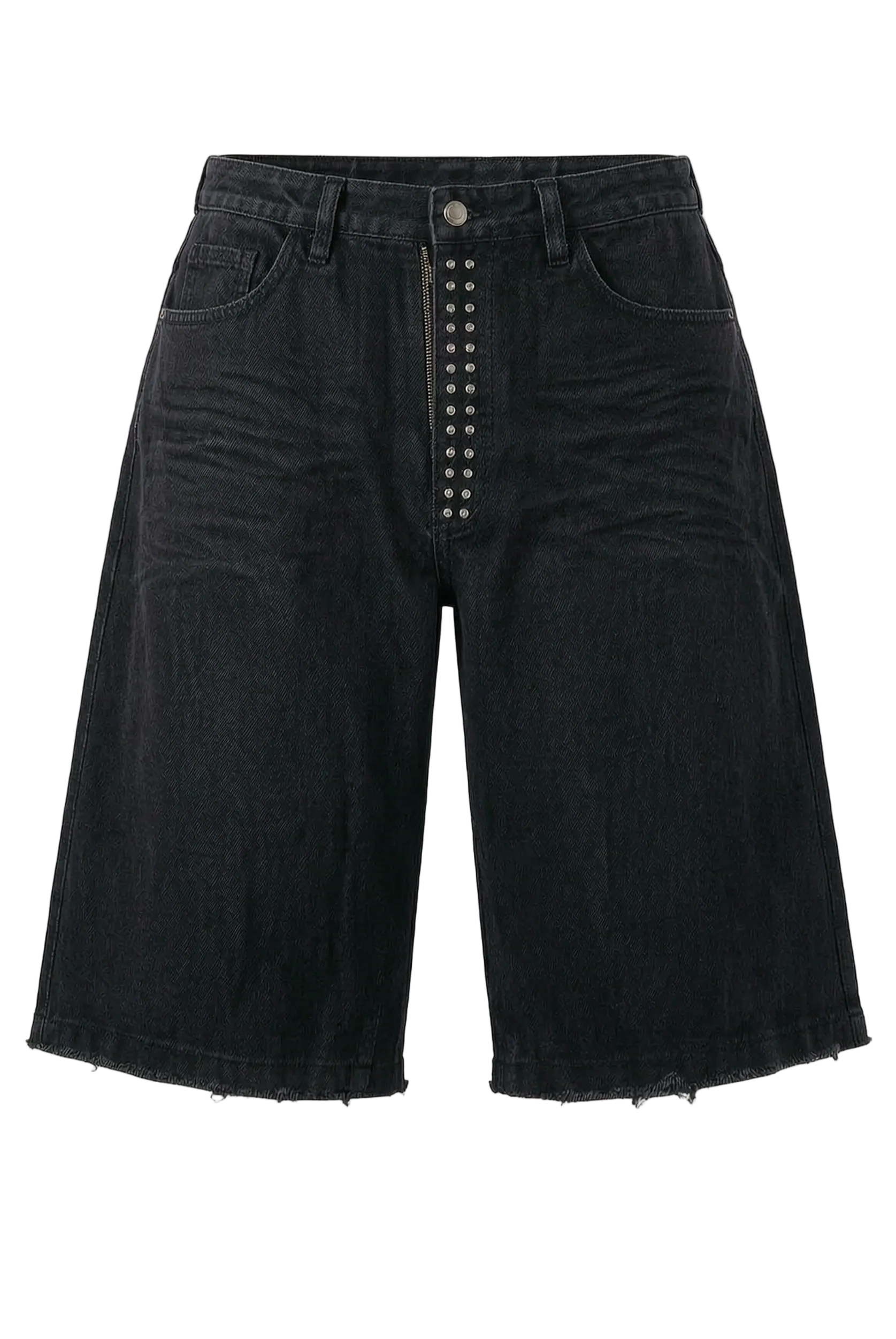 Black denim shorts with a unique front design featuring a prominent vertical row of silver studs down the center, a button closure, and a raw, frayed hem.