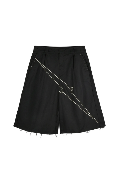 Black wide-leg shorts with diagonal rows of silver studs and frayed raw hems