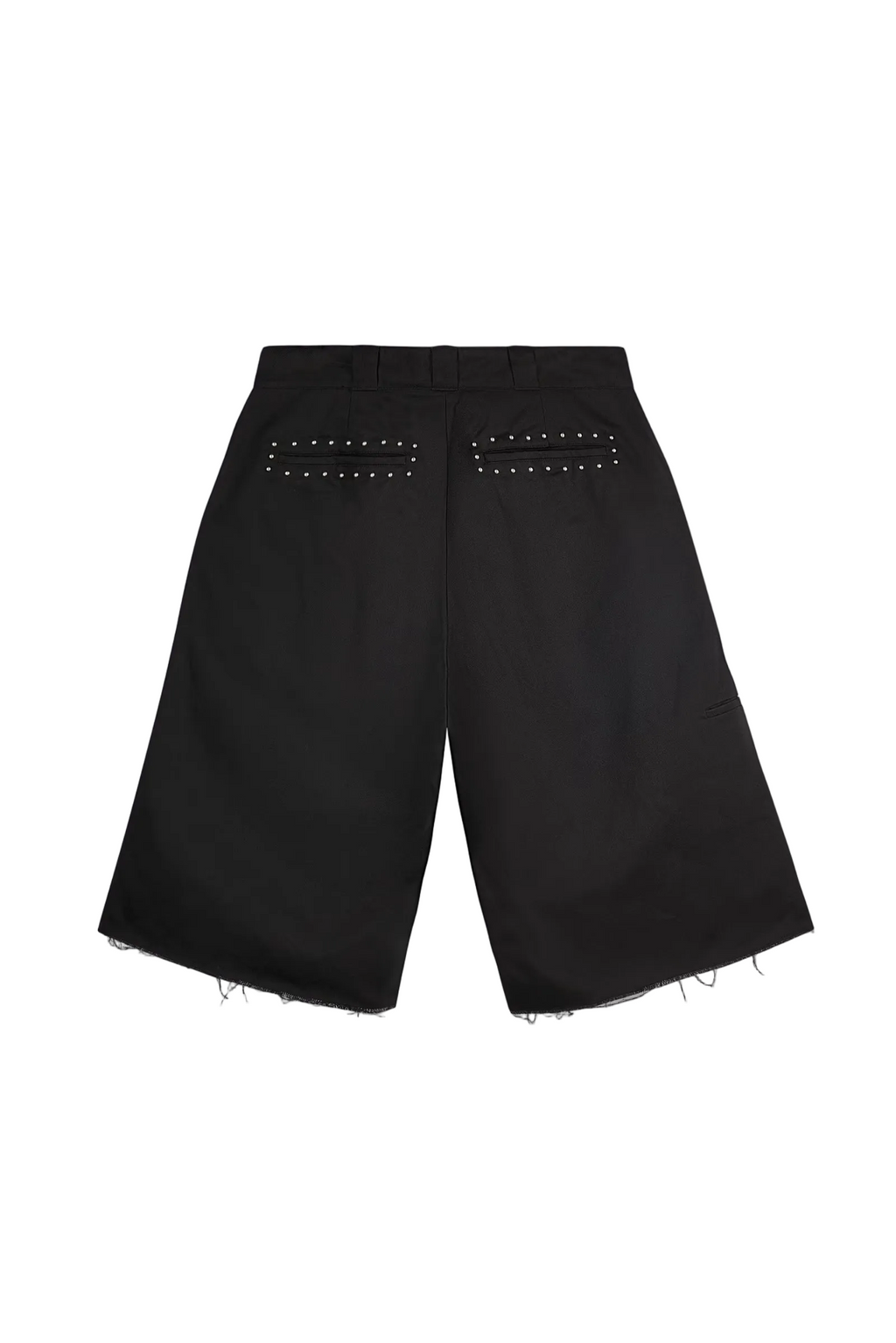 Black wide-leg shorts with frayed hems and silver studded details