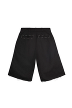 Black wide-leg shorts with frayed hems and silver studded details