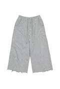 Light gray heather cropped sweatpants with a raw frayed hem, side pockets, and a decorative silver rhinestone