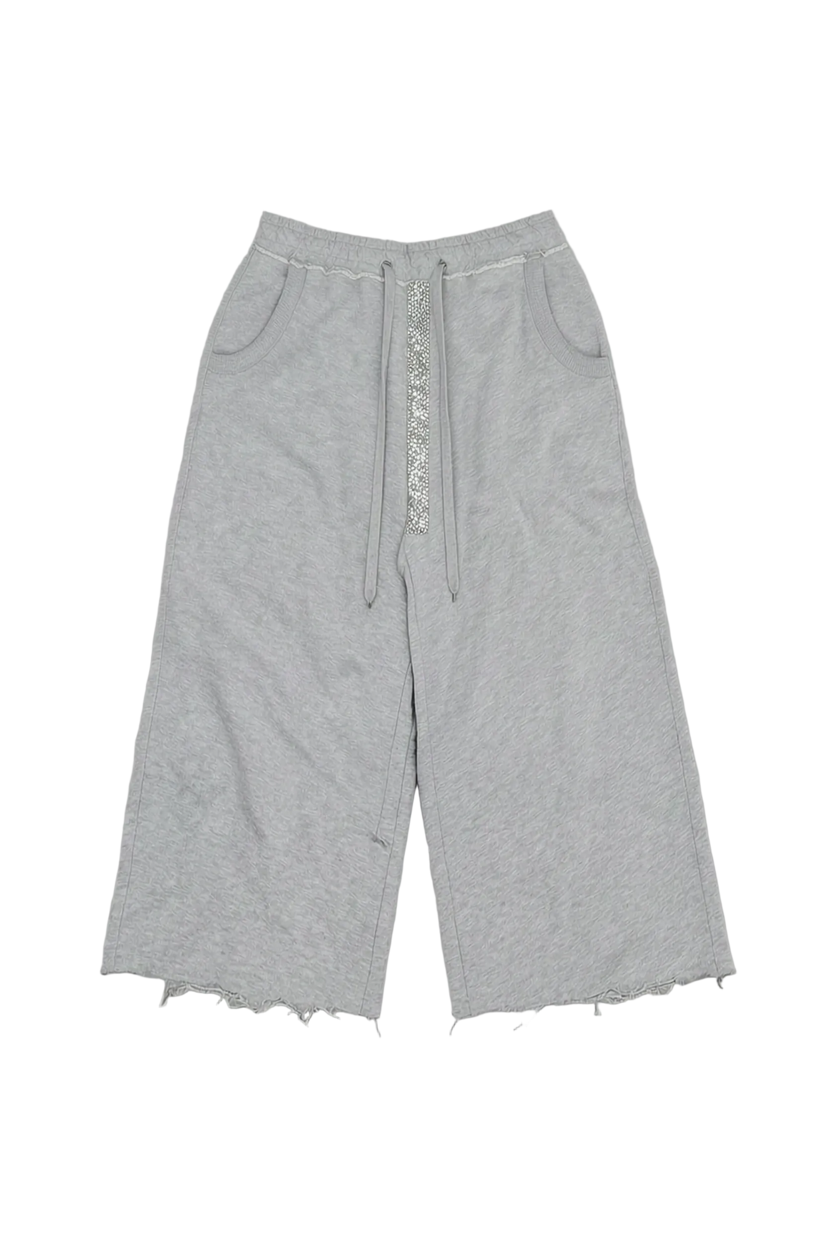 Light gray heather cropped sweatpants with a raw frayed hem, side pockets, and a decorative silver rhinestone