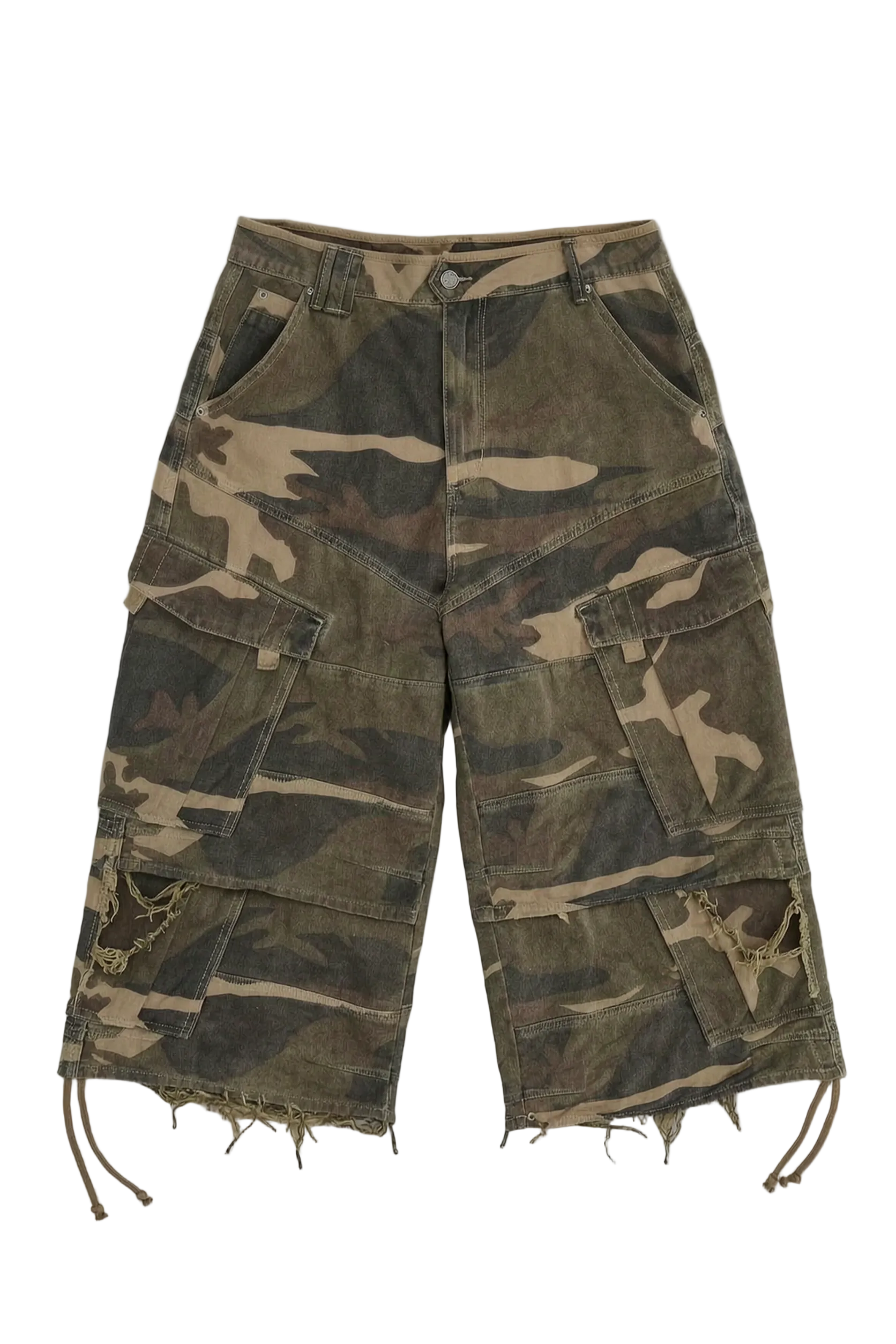 A pair of camouflage cargo shorts with a frayed hem 