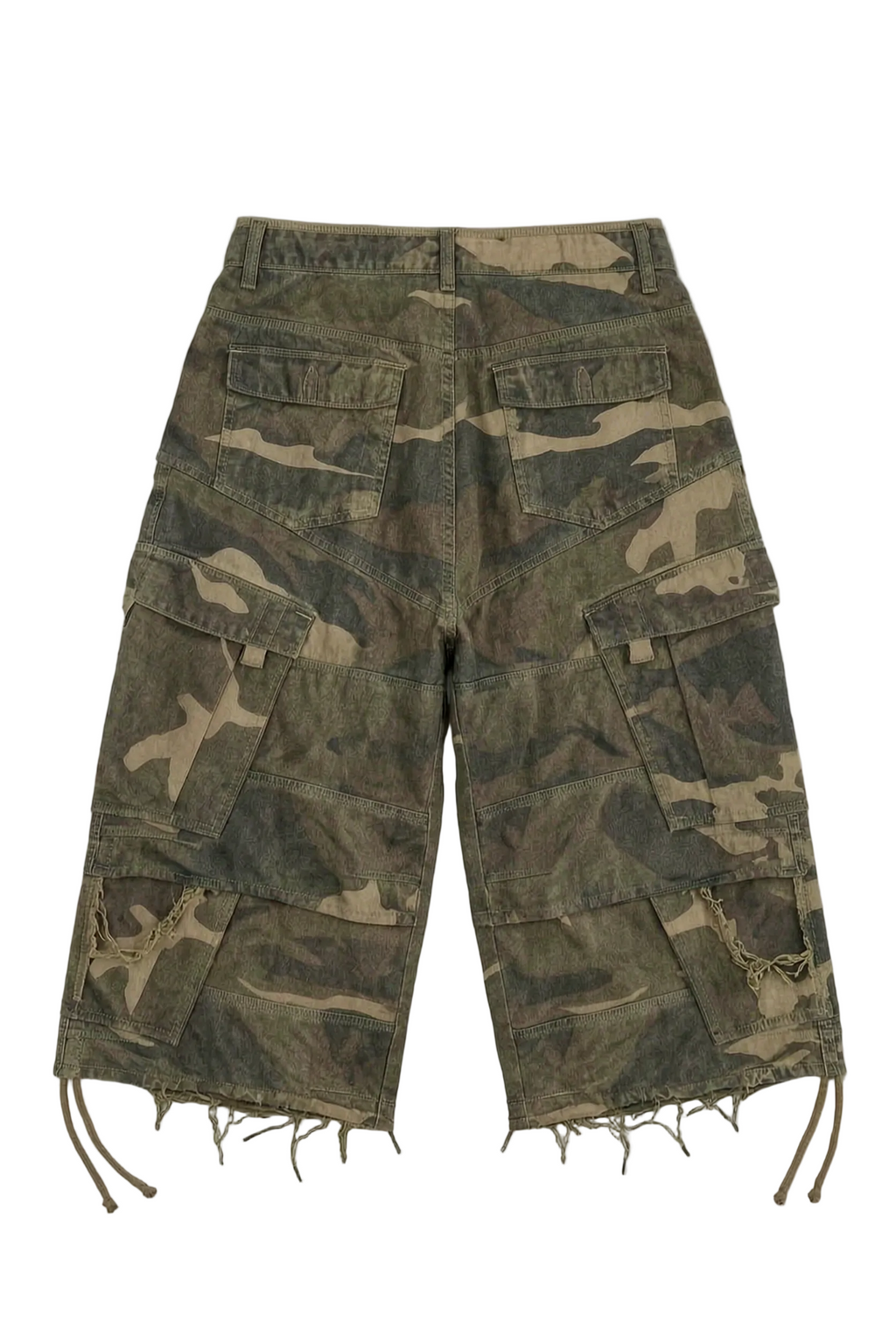 A pair of camouflage cargo shorts with a distressed, frayed hem 