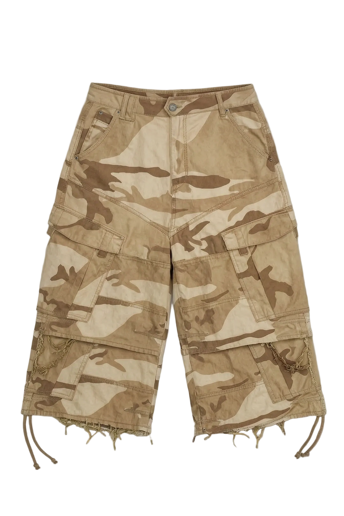 A pair of cargo shorts in a desert camouflage pattern, featuring a mix of tan, beige, and brown tones
