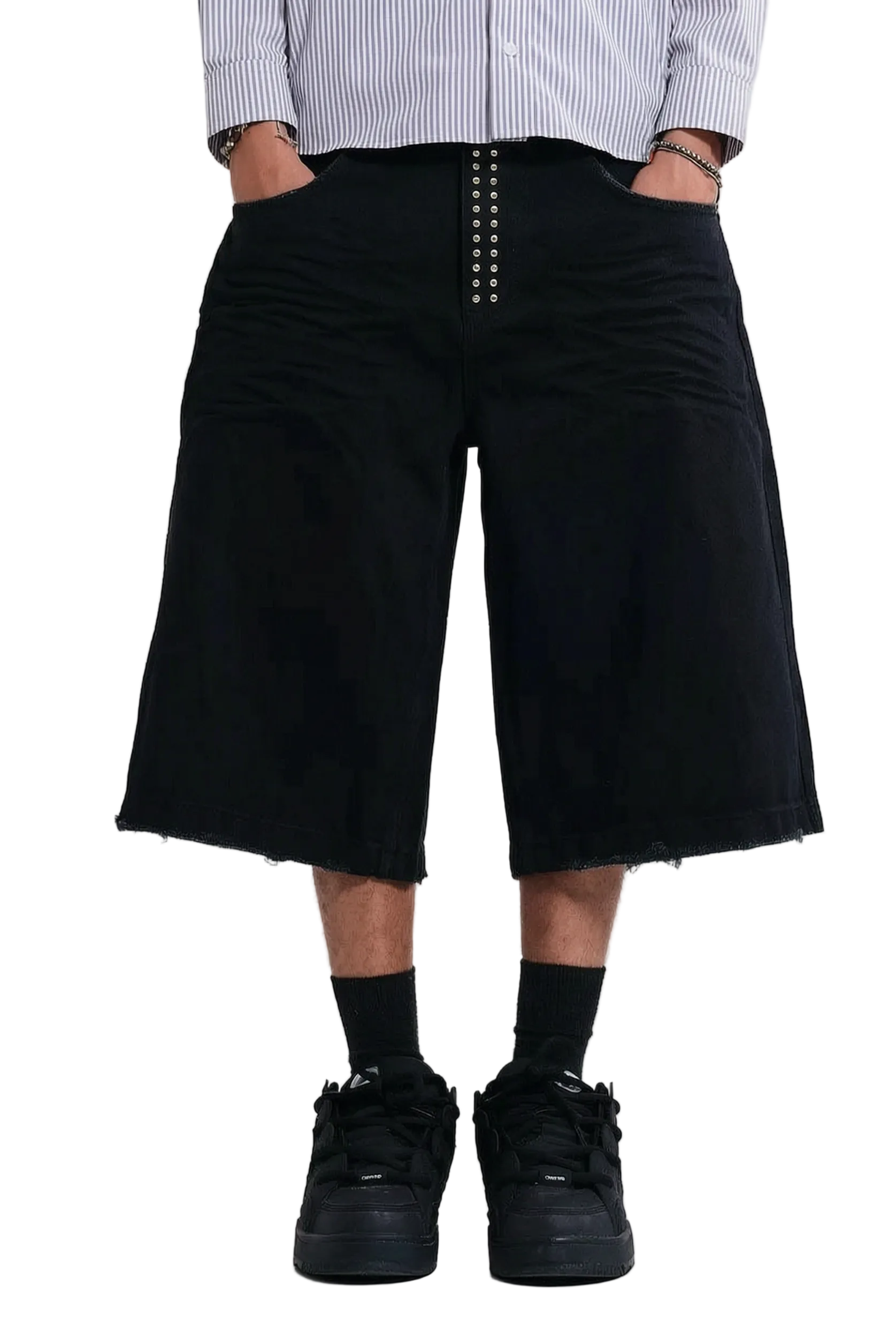 Black wide-leg cropped pants with a decorative silver button placket, 