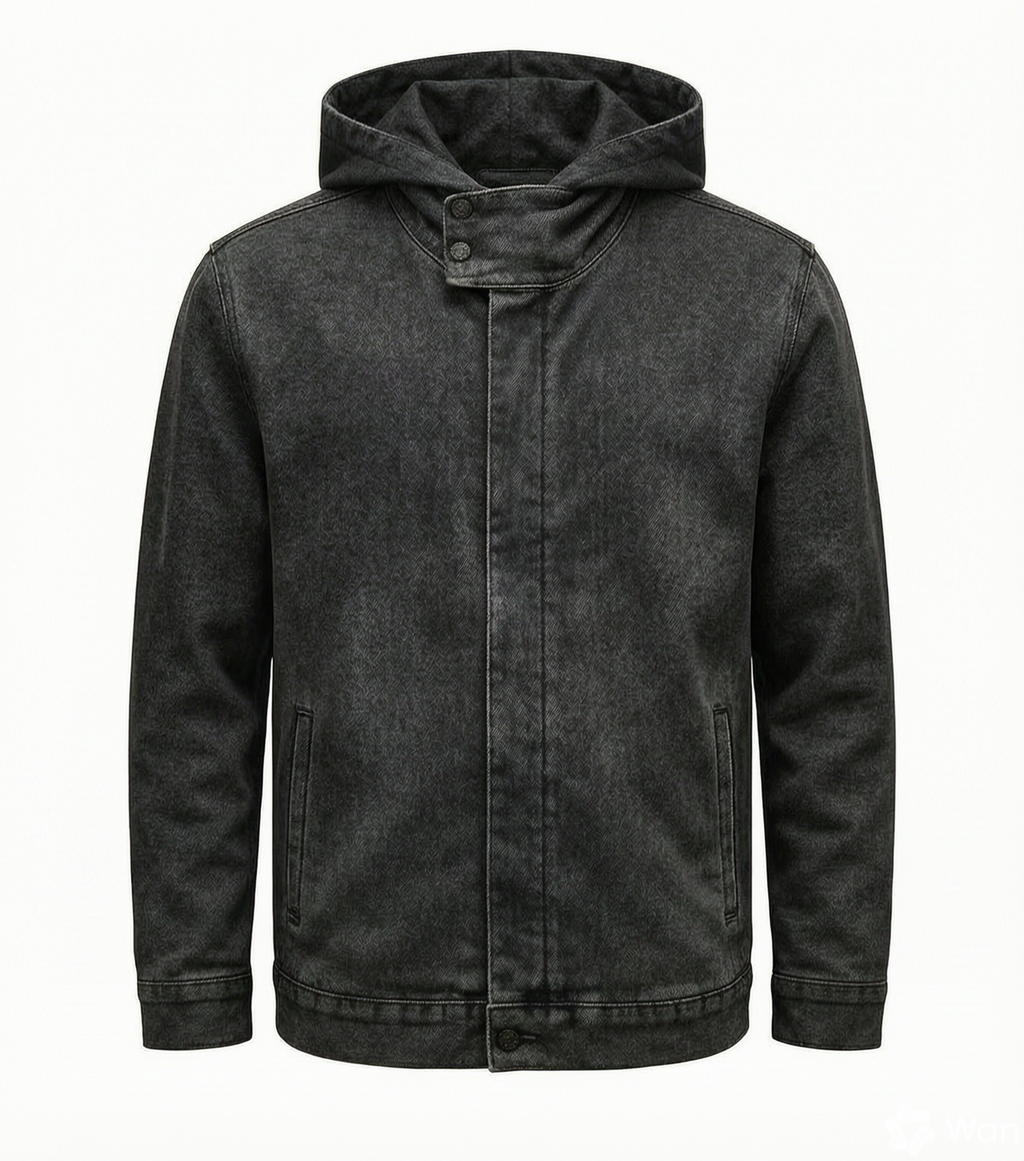A dark charcoal gray hooded jacket with a unique asymmetrical snap closure and a washed, textured finish