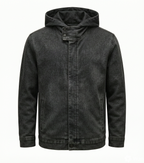 A dark charcoal gray hooded jacket with a unique asymmetrical snap closure and a washed, textured finish