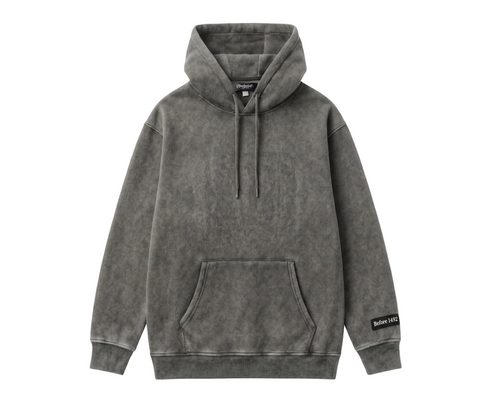 A dark gray mineral-wash hooded sweatshirt with a front kangaroo pocket and drawstrings.