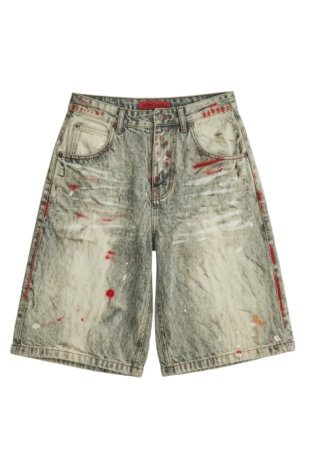 Distressed acid-wash denim shorts with red paint splatter 